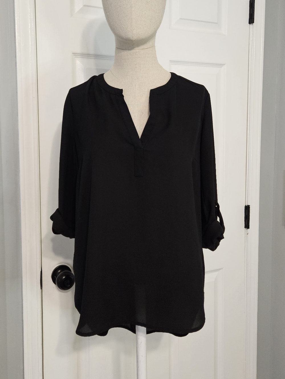 DR2 Black Split-Neck Roll-Tab Blouse